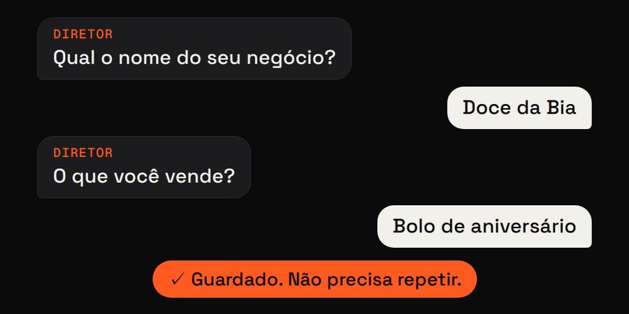 Conversa: o Diretor pergunta o nome do negócio e o que ele vende, e avisa que guardou a resposta.
